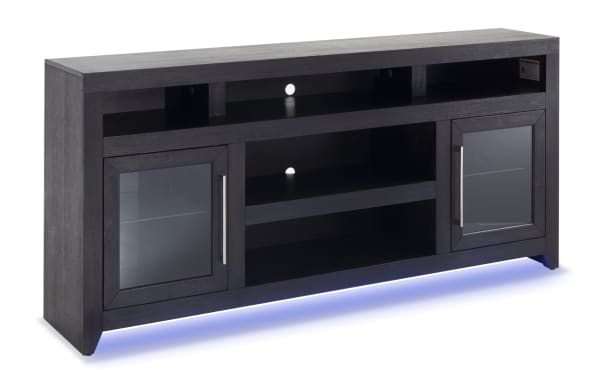 Cosmopolitan 75'' black contemporary TV stand with MDF, acacia veneers, glass doors, silver hardware, LED lighting, soundbar shelf, and cable management.