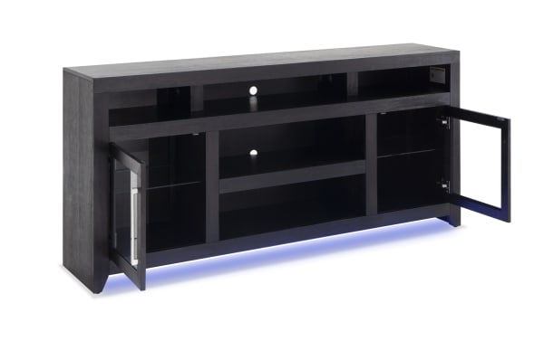 Cosmopolitan 75'' black contemporary TV stand with MDF, acacia veneers, glass doors, adjustable shelves, soundbar shelf, and blue LED lighting.