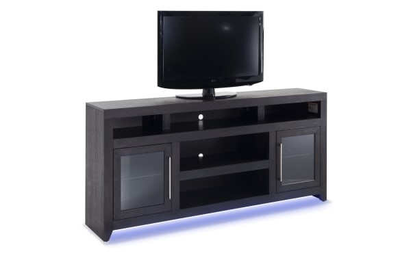 Cosmopolitan 75'' black contemporary TV stand with MDF/acacia veneer, glass doors, silver hardware, soundbar shelf, adjustable storage, and LED lighting.