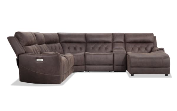 Canyon Walnut 126" brown polyester fabric 7-piece sectional with right arm chaise, power reclining, power headrests, USB ports, wireless charging, and hidden storage.