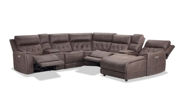 Canyon Walnut 126" brown polyester fabric sectional with power reclining seats, power headrests, right arm chaise, USB ports, and wireless charging.