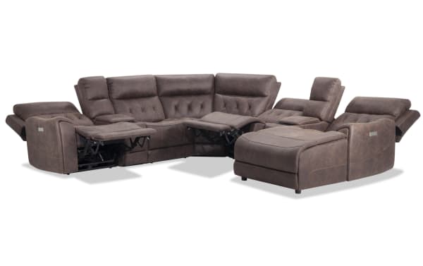 Canyon Walnut 126" brown polyester fabric 7-piece sectional with power reclining, right arm chaise, power headrests, hidden storage, and USB ports.