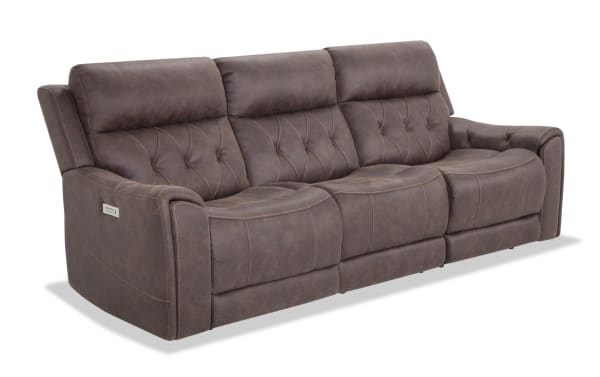 Canyon Walnut 98'' brown dual power reclining sofa with power headrest, polyester fabric upholstery, transitional style, and plush cushioned seats.