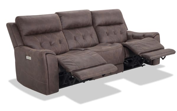 Canyon Walnut 98'' dual power reclining sofa in brown polyester fabric with power headrests, cup holders, hidden storage, and USB ports.