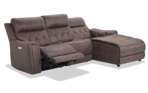 Canyon Walnut 98" brown polyester fabric sectional with power reclining armless chair, right-arm chaise, power headrests, and transitional style.