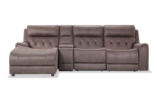 Canyon Walnut 111" brown polyester fabric sectional with left arm chaise, power reclining seats, power headrests, USB ports, and hidden storage.