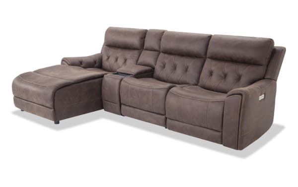 Canyon Walnut 111" brown polyester fabric sectional with left arm chaise, power reclining, power headrests, hidden storage, cup holders, USB ports, and wireless charging. Transitional style from Canyon collection.