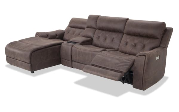 Canyon Walnut 111" brown polyester fabric sectional with left arm chaise, power reclining, power headrests, hidden storage, cup holders, USB ports, and wireless charging in transitional style.