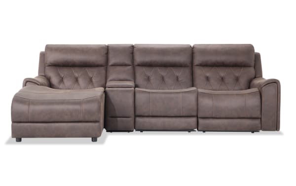 Canyon Walnut 111" brown polyester fabric sectional with left arm chaise, power recliners, power headrests, hidden storage, cup holders, USB ports, and wireless charging. Transitional style from Canyon collection.