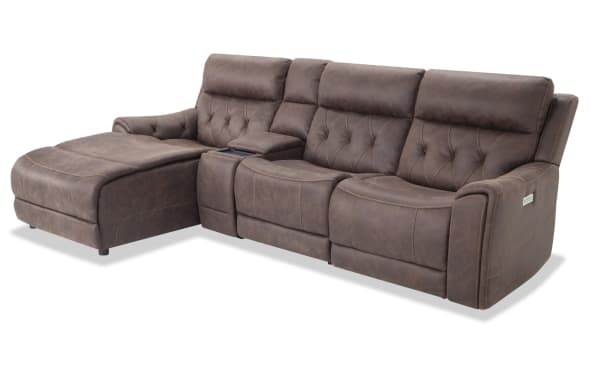 Canyon Walnut 111" brown polyester fabric sectional with left arm chaise, armless recliner, power reclining, power headrests, USB ports, wireless charging, hidden storage, and cup holders in transitional style.