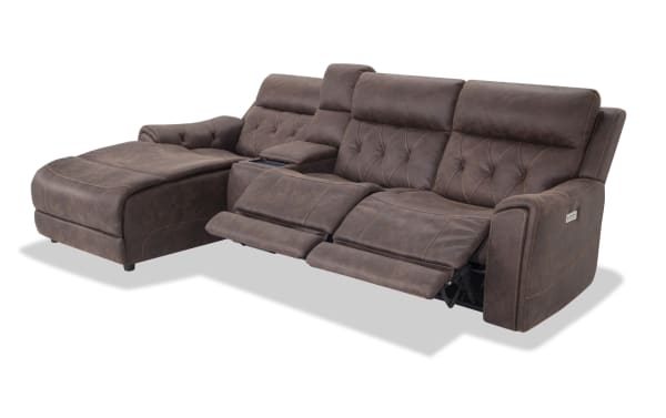 Canyon Walnut 111" brown polyester fabric sectional with left arm chaise, armless power recliner, power headrests, USB ports, wireless charging, and hidden storage.