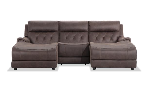 Canyon Walnut 98'' brown polyester fabric power reclining 3-piece dual chaise sectional with armless chair, power headrests, hidden storage, and USB ports in transitional style.