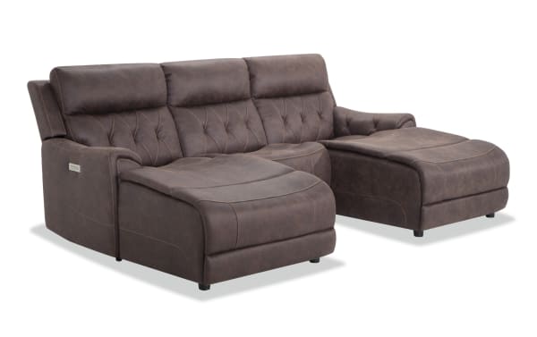 Canyon Walnut 98'' brown polyester fabric power reclining 3-piece dual chaise sectional with armless chair, power headrests, hidden storage, and USB ports.