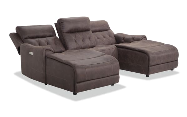Brown Canyon Walnut 98'' power reclining 3-piece dual chaise sectional with armless chair, polyester fabric upholstery, power headrests, hidden storage, and USB ports.