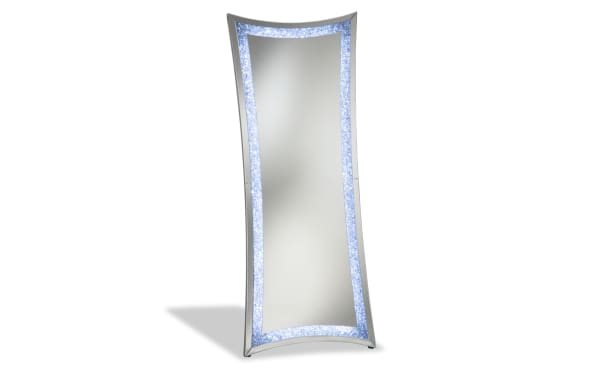 Contemporary Glamour Silver LED Floor Mirror with curved edges, faux crushed crystal inlay, and bright LED lighting for clear reflection.