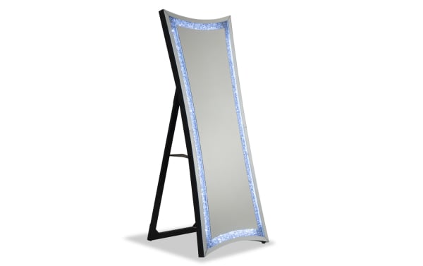 Contemporary Glamour Silver LED Floor Mirror with curved edges, faux crushed crystal inlay, and built-in LED lighting for clear reflection.
