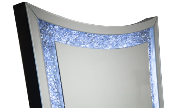 Contemporary Glamour Silver LED Floor Mirror with curved edges, faux crushed crystal inlay, and bright LED lighting for clear reflection.