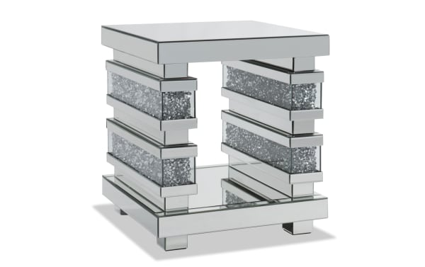 Glamour Silver Mirrored End Table from Glamour Entertainment & Occasional collection, featuring silver MDF, tempered glass, faux crushed crystal inlay, beveled edges, and open shelving for stylish living room accent.