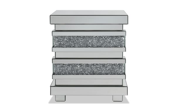 Glamour Silver Mirrored End Table from Glamour Entertainment & Occasional collection, featuring silver MDF, tempered glass, beveled edges, and faux crushed crystal inlay.