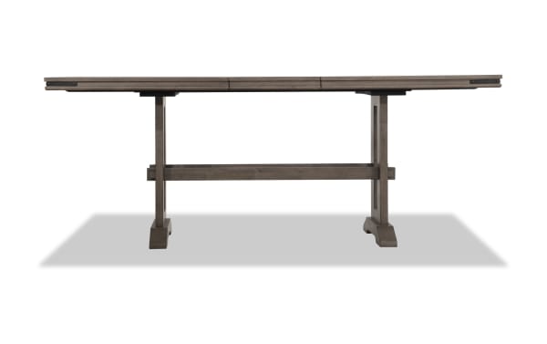 Hudson Gray Extendable Counter Height Trestle Dining Table in wood and mango veneers with metal corner accents, transitional style, from Hudson Dining collection.