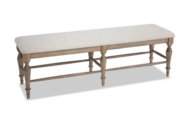 Cottage Chic Light Brown & Beige Upholstered Dining Bench with weathered wood legs, beige polyester fabric, and farmhouse-style design.