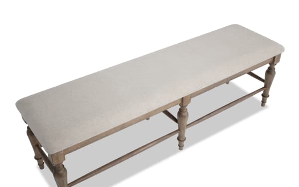 Cottage Chic Light Brown & Beige Upholstered Dining Bench with weathered wood frame, beige polyester fabric, and traditional farmhouse style.