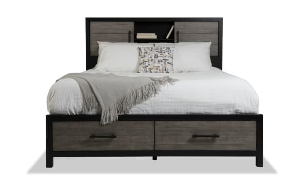 Fusion Twin Black & Gray Bookcase Storage Bed with birch veneer, MDF, poplar solids, transitional style, two-tone finish, headboard lighting, and multiple storage drawers.