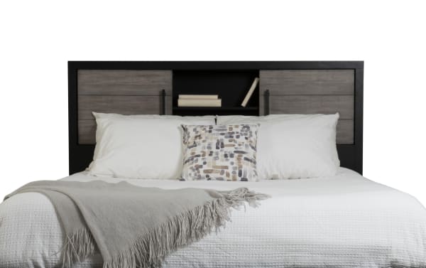 Fusion Twin Black & Gray Bookcase Storage Bed with birch veneer headboard, built-in shelves, transitional style, and two-tone black and gray finish.