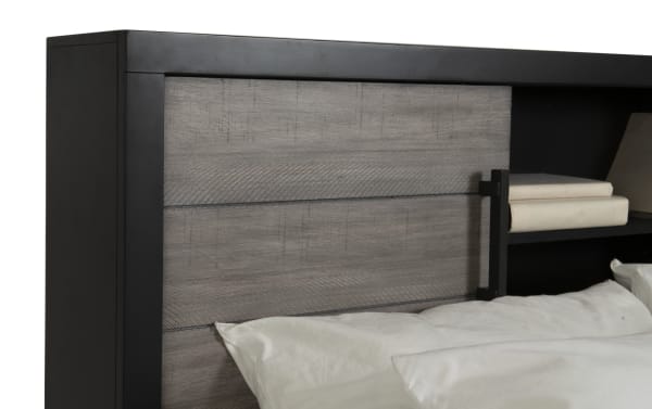 Fusion Twin Black & Gray Bookcase Storage Bed headboard with birch veneer, black frame, built-in shelves, and transitional style design.