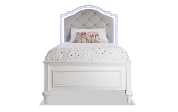 Madelyn Full White Upholstered Panel Bed in silver-gray polyester fabric with tufted crystal accents, LED lighting, and transitional poplar wood frame.