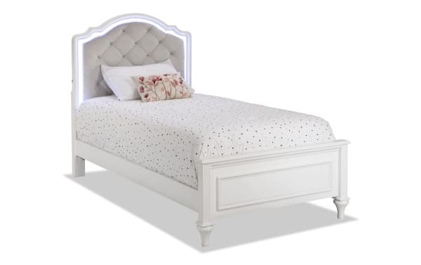 Madelyn Full White Upholstered Panel Bed with silver-gray polyester fabric headboard, faux crystal tufting, accent lighting, and transitional style.