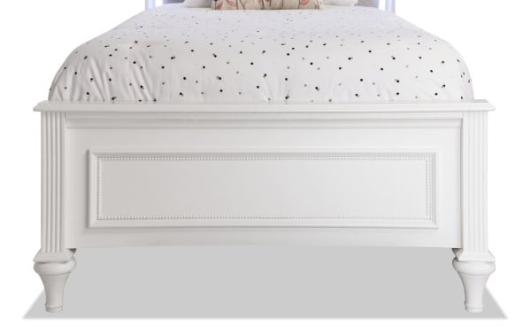 Madelyn Full White Upholstered Panel Bed with poplar and pine solids, gray fabric polyester upholstery, transitional style, decorative tufted headboard and footboard.