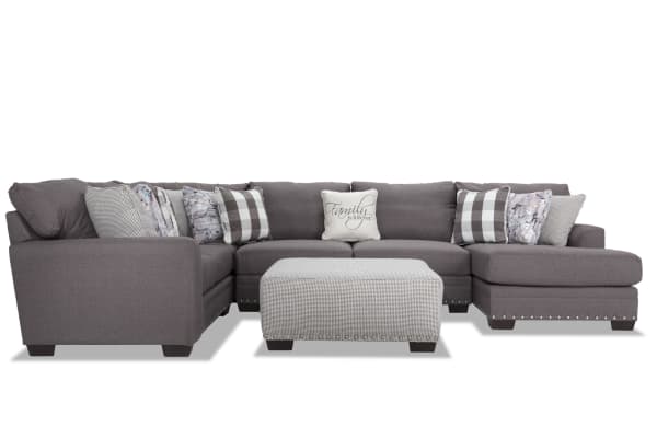 Cottage Chic Gray 150'' 4 Piece Right Arm Facing Chaise Sectional with Ottoman