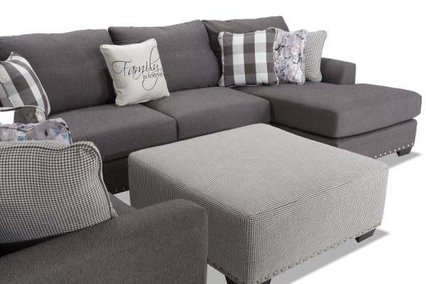 Cottage Chic Gray 4-piece right arm facing chaise sectional with ottoman, traditional style, gray polyester fabric, nailhead accents, includes 10 patterned accent pillows.