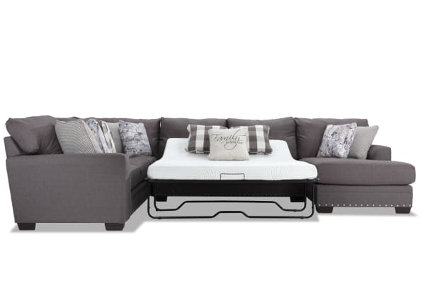 Cottage Chic Gray 150'' 4 Piece Right Arm Facing Sleeper Chaise Sectional with Queen Gel Mattress