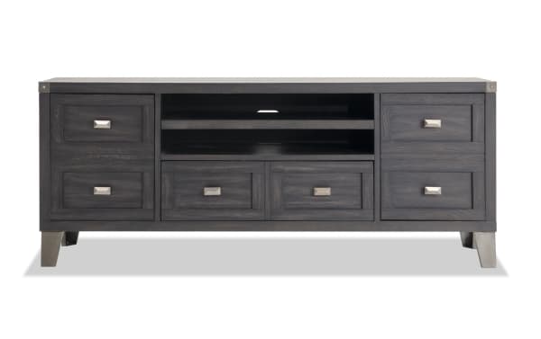 Wentworth 64'' black transitional TV stand with poplar solid wood, MDF, metal accents, six drawers, and open center shelving for media storage.