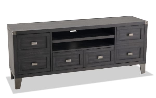 Wentworth 64'' black transitional TV stand with poplar solid wood, MDF, metal accents, 8 drawers, and open center shelving for media storage.