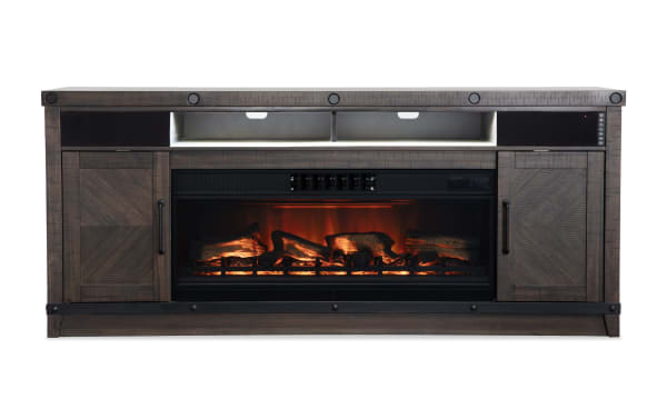 Sonoma 74.6'' Espresso Rustic Electric Fireplace and TV Stand with MDF, Acacia Veneers, Metal, Tempered Glass, Bluetooth speakers, and CoolGlow® technology.