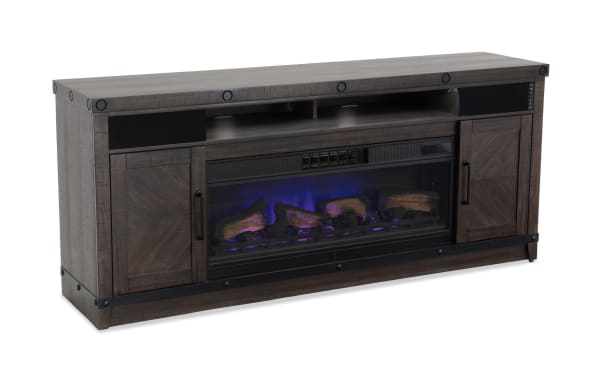 Sonoma 74.6'' Espresso Rustic Electric Fireplace and TV Stand with MDF, Acacia Veneers, Metal, Tempered Glass, CoolGlow® tech, built-in Bluetooth speakers, and storage cabinets.