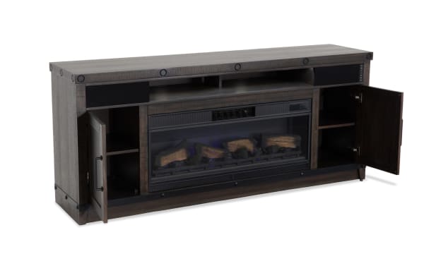 Sonoma 74.6" espresso rustic electric fireplace and TV stand with MDF/acacia veneer, metal hardware, tempered glass firebox, built-in Bluetooth speakers, remote control, and storage cabinets.