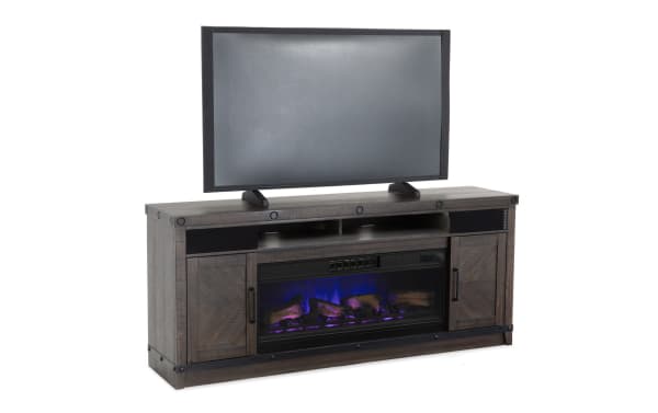 Sonoma 74.6'' Espresso Rustic Electric Fireplace and TV Stand with MDF, Acacia Veneers, Metal, Tempered Glass, built-in Bluetooth speakers, and CoolGlow® technology.