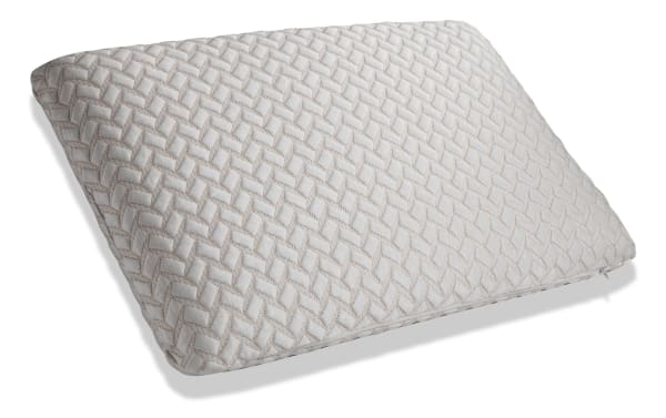 Bob-O-Pedic King Side & Back Sleeper Cooling Gel Memory Foam Pillow in white with beige geometric quilted cover, breathable and cooling support.