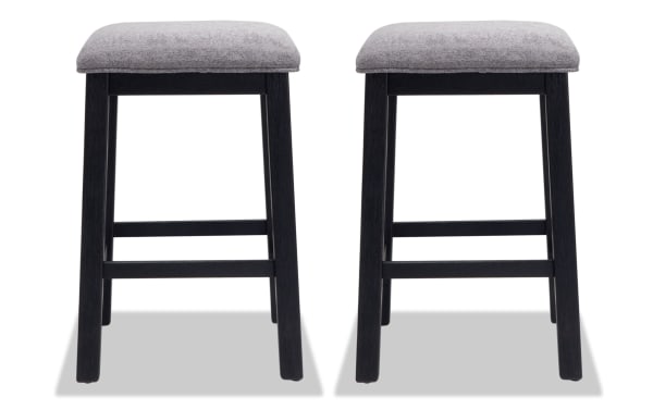Set of 2 Elevations Black & Gray Backless Upholstered Sofa Table Stools with gray polyester fabric seats, acacia wood frame, and contemporary style.