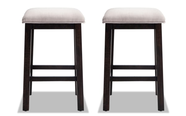 Set of 2 Montana Espresso & Beige Backless Upholstered Sofa Table Stools with rustic solid acacia wood frame and beige polyester fabric seats.