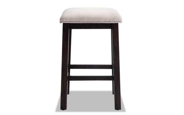 Rustic Montana Espresso & Beige Backless Upholstered Sofa Table Stool with solid acacia frame, polyester fabric seat, and memory foam cushion.