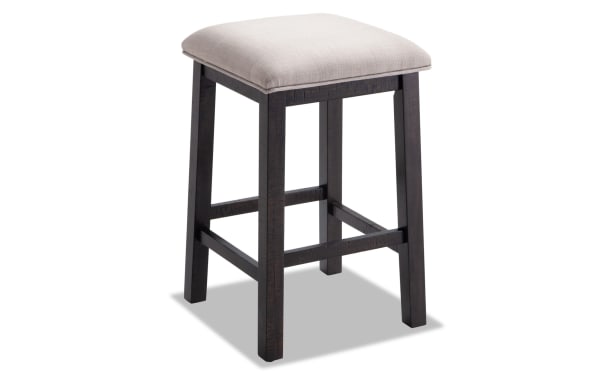 Rustic Montana Espresso & Beige Backless Upholstered Sofa Table Stool with solid acacia frame, beige polyester fabric seat, and memory foam cushion.