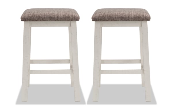 Montana White & Beige Backless Upholstered Sofa Table Stool set, rustic style with solid acacia frame, beige polyester fabric seat, memory foam cushion.