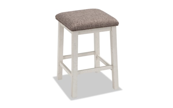 Montana White & Beige Backless Upholstered Sofa Table Stool with distressed solid acacia frame and cushioned beige polyester fabric seat. Rustic style.