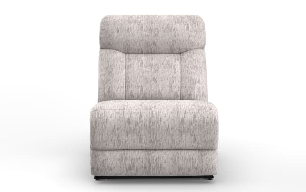Upholstered armless accent chair in light gray fabric with subtle textured pattern, cushioned backrest and seat, modern minimalist design.