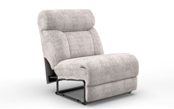 Modern armless recliner chair with light gray textured fabric upholstery, plush cushioning, and visible metal reclining frame.